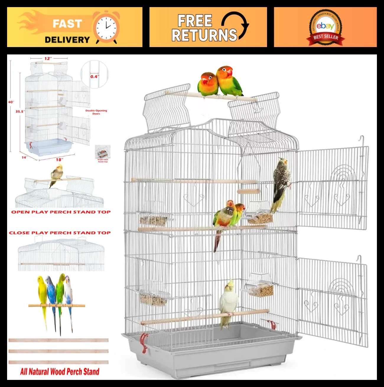 Large 40" Portable Bird Cage with Side Nest Doors for Parakeets, Canaries & Finc