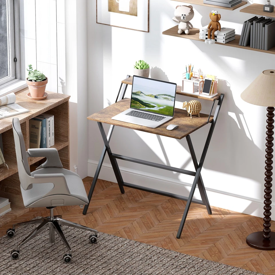 HOMCOM 81.5 cm Folding Computer Desk for Small Spaces Bedroom Rustic Brown - Image 2 of 4