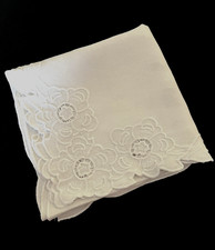White Linen Tablecloth Embroidered Corners 40" x 40"