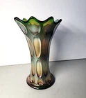Vintage Fenton Carnival Glass Vase Iridescent Green Thumbprint 9 Point