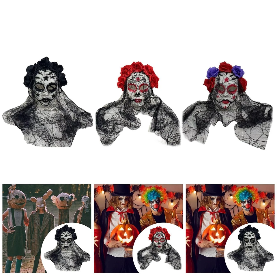 Day of The Dead Sugar Skull Mask Halloween Lace Mask for Night Cosplay - Image 2 of 2