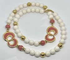 Napier Gold Tone Metal Pink Enamel Link White Beaded Womens Long 30” Necklace