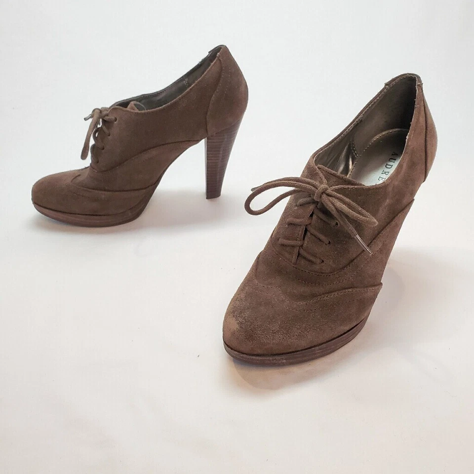 Audrey Brooke sz 7.5M Brown Suede Leather Heels Shoes Retro Lace Up - Image 2 of 4