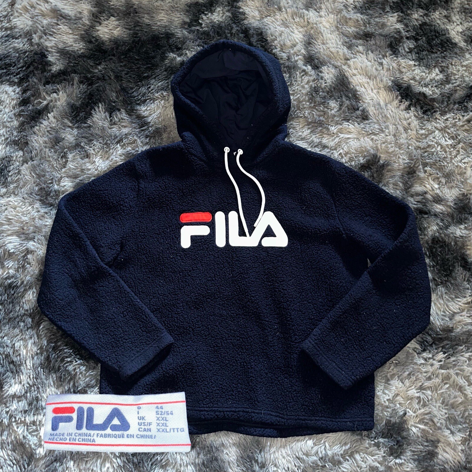 FILA Felpa con cappuccio pullover donna blu navy sherpa pile orsacchiotto in pile taglia 2XL