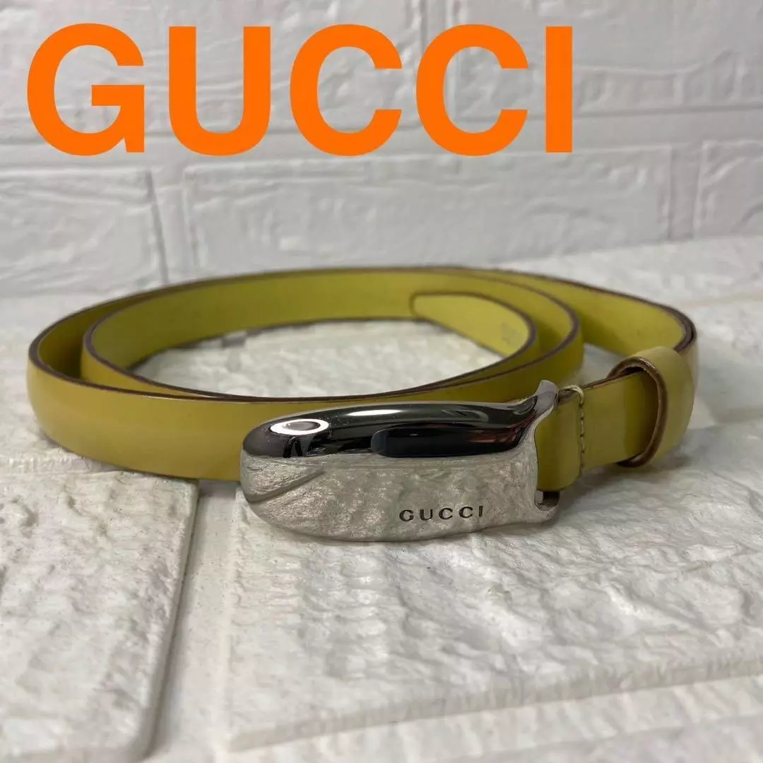 GUCCI Ceinture Cuir Argent Jaune Rogo Accessoires Femme Rare U1006