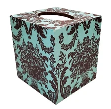 Handmade Decoupage Tissue Box Cover, Damask, Aquamarine & Brown