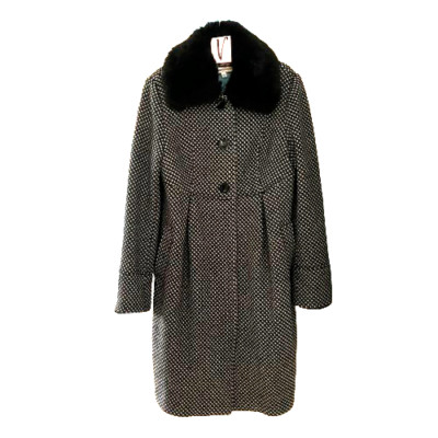 Vintage Hahnentritt Mantel Clements Ribeiro Portobello Tweed Wolle schwarz Fell Retro