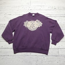 VINTAGE Jerzees Grandma Sweatshirt Size XL Purple Fleece Lace Doilies