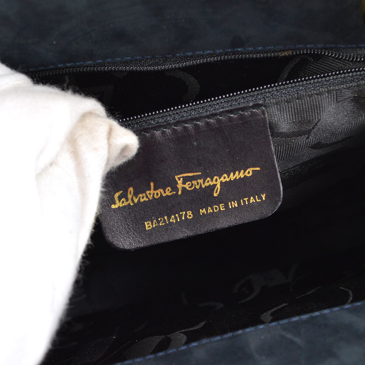 Salvatore Ferragamo Vara Bow 2way Hand Bag Purse Navy Nubuck BA214178 00272