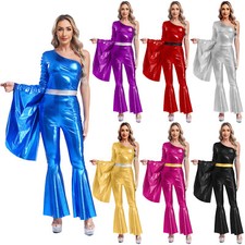 Women's Shiny Metallic Jumpsuit Retro Disco Costume Flared Long Sleeve Bodysuit
