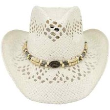 Adult CREAM WHITE Paper Straw COWBOY HAT w/ Beads Shapeable WESTERN Cowgirl