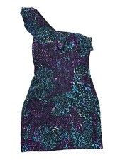 Charlie Jade Women's Size XS One Shoulder Dress Silk Ruffle Black Purple Teal