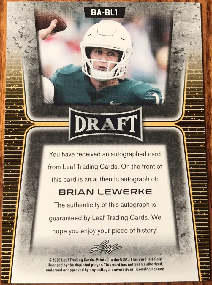2020 Leaf Flash Autographs Brian Lewerke #BA-BL1 Michigan State Spartans - Image 2 of 2