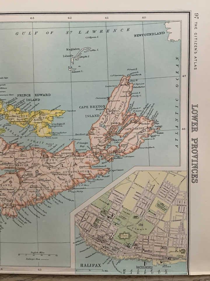 1898 NOVA SCOTIA NUEVO BRUNSWICK PRÍNCIPE EDUARDO ISLA CANADÁ MAPA A COLOR ANTIGUO Foto 3 de 3