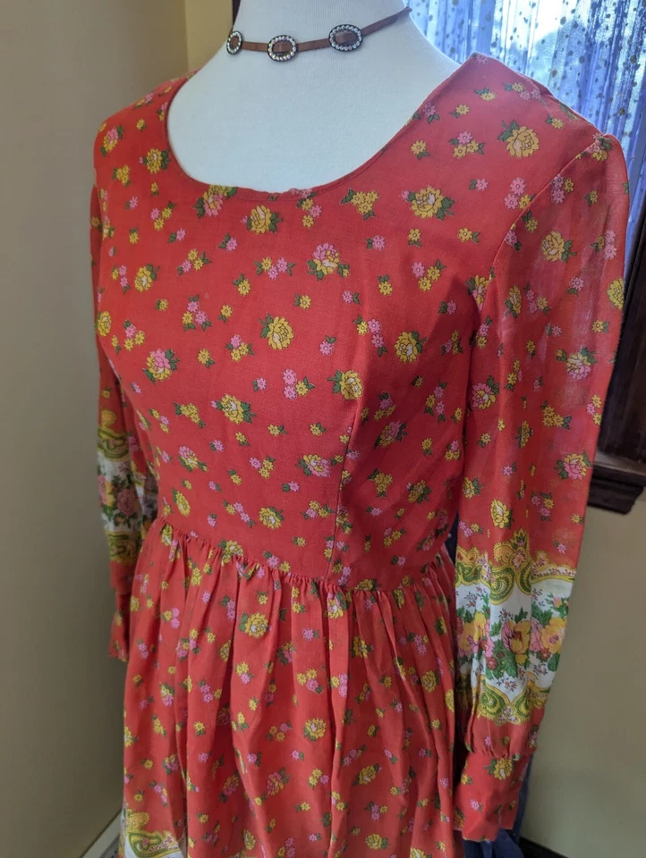 Vintage 70's Montgomery Wards Orange Floral Boho Babydoll Mini Dress Size S - Изображение 3 из 4