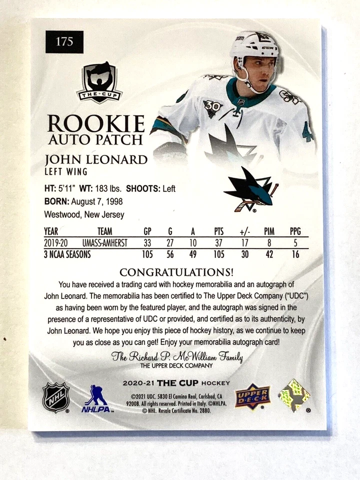 2020-21 Upper Deck The Cup John Leonard Rookie Auto Patch #/249 San Jose Sharks - Image 2 of 2