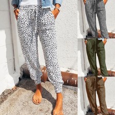 Women's Leopard Slacks Casual Elastic Waist Casual Pants Long Cropped Trousers