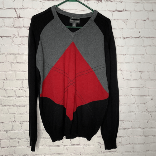 Vintage Lyle & Scott Golf Sweater Mens Large Red Black ColorBlock Combed Cotton - Picture 2 of 7