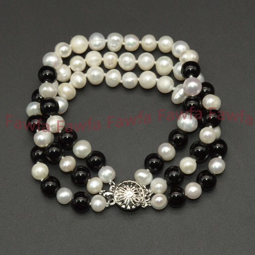 3 Rows White Cultured Pearl & Black Agate Round Gems Necklace Bracelet Earrings - Picture 7 of 12