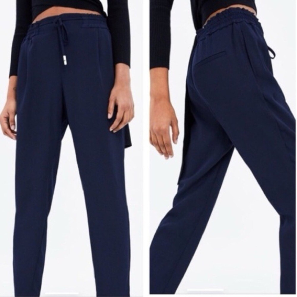 Zara Basic Navy Blue Drawstring Elastic Waist Sla… - image 1