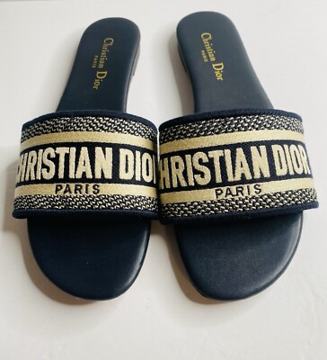 Christian Dior Women Logo Dway Slide Sandals Navy Blue Size 42 USA 10