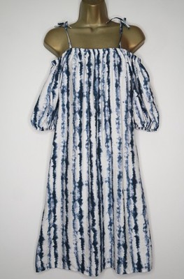 F&F MARINEBLAU WEISS TIE DYE SCHULTERFREIES SONNENKLEID GRÖSSE 12 NEU MIT ETIKETT