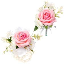 Boutonniere Wrist Corsage Set for Wedding Prom, Pink Rose Artificial Silk...