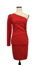 Topshop Red One Shoulder Ruched Mini Dress Long Sleeve Stretch Bodycon US 6