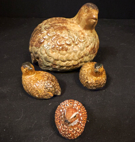 Ceramic Quail Bird Figurines Set of 4 Adult Quail & Chicks Brown Speckled READ