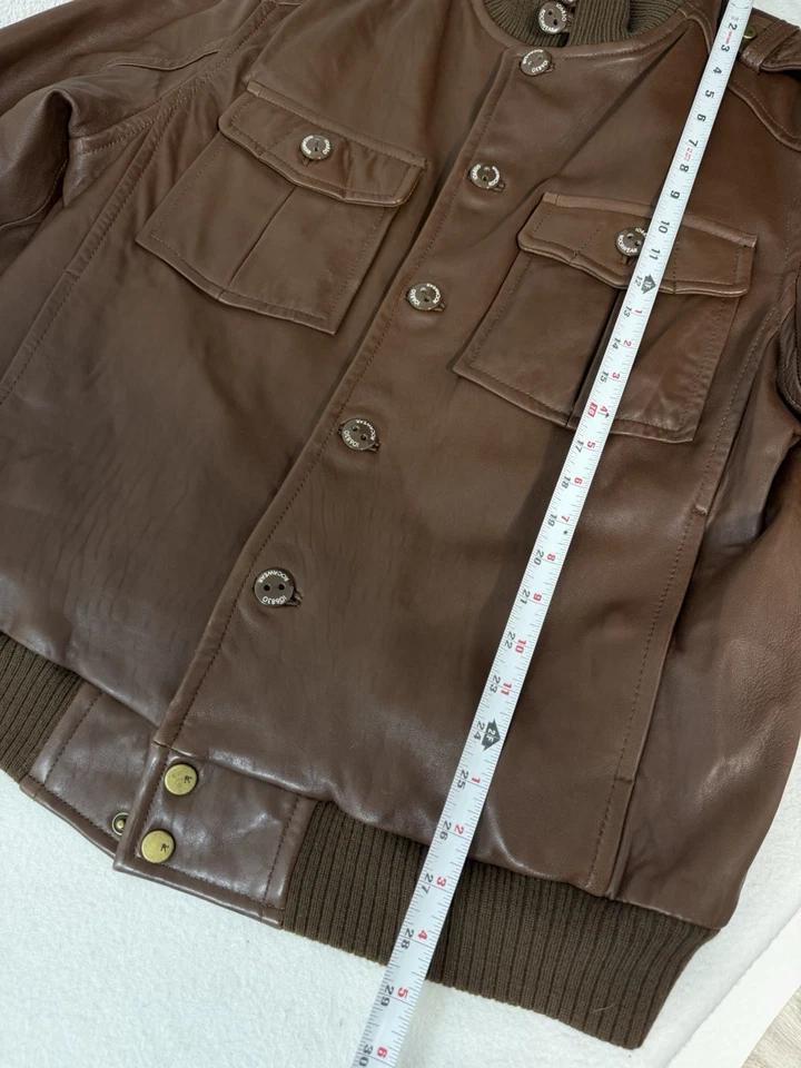 Rocawear Leather Bomber Jacket Mens XL Brown Full Zip Button Quilt Lined Coat - Image 2 of 4