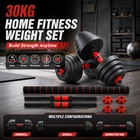 Adjustable Dumbbell Barbell Kettlebell 30KG Weight Set Home Gym Fitness 6 in 1
