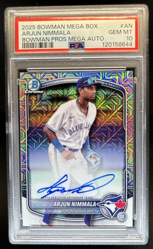 2025 Bowman Arjun Nimmala Chrome Prospect Auto Mega Box Refractor #BMA-AN PSA 10