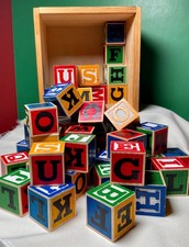 Schylling ABC Alphabet Wood Blocks w Wood Storage Case 19 mos.  48 Blocks New
