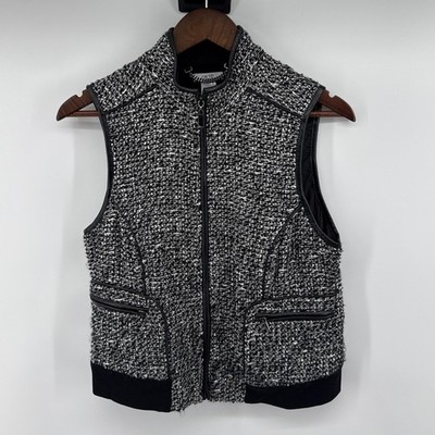 Cache Womens Black White Tweed Zip Up Vest Mock Neck Pleather Trim Size M