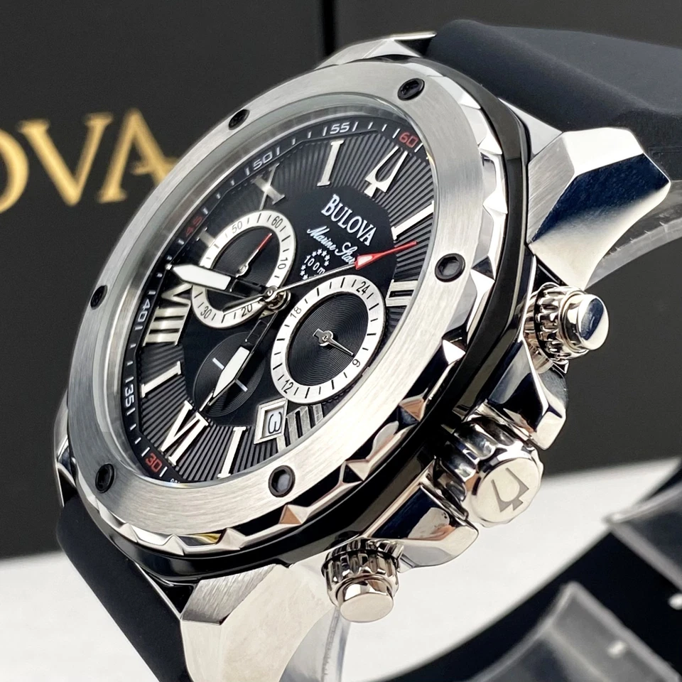 Bulova Marine Star 44mm Black Dial Silver Case Black Strap Men's Watch 98B127 - Image 3 of 4