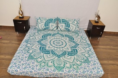 Türkis Weiß Blumen Mandala King Bettwäscheset Baumwolle 92x84 + 2 Kissenbezüge