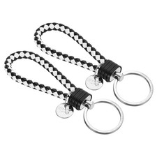 Braided Leather Keychain with Stainless Steel Key Ring Sleeve, 2pcs White Black