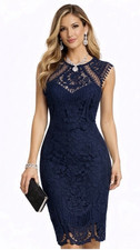 Lipsy VIP Navy Blue Lace Midi Dress 16 Occasion Wedding Guest Embroidered BNWT