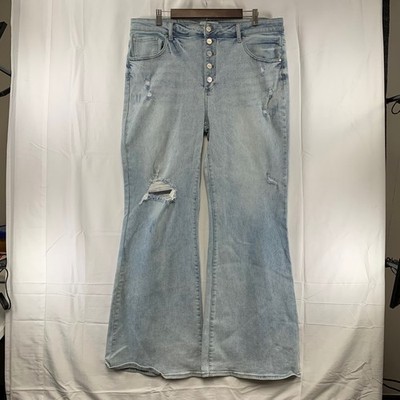 Risen Jeans Flare Womens 3XL (38x32) Light Blue Distressed Button Fly High Rise