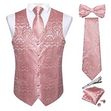 Men's Silk Paisley Vest and Necktie Set 6PCS Pre-tied Bow Tie Large Pink