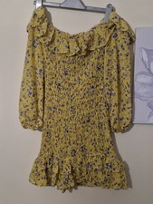 Boohoo yellow floral off shoulder tiered ruffle dress size 14 new without tags 