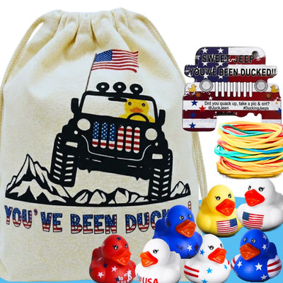 Patriotic Jeep Ducking Kit 75pc Rubber Ducks Tags Bands w/ App Happy Duckers Set