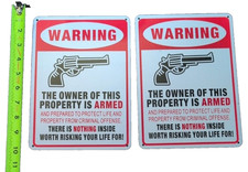 Set of 2 Warning Armed Property Security Signs Metal 7x10 No Trespassing