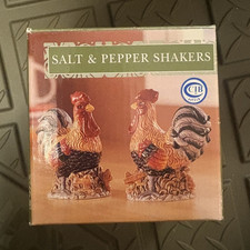 CIB Ceramic Rooster Salt & Pepper Shakers Brown Black Red Yellow