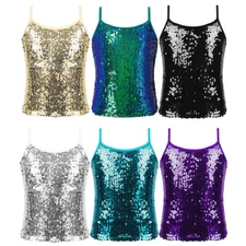 Kids Girls Shiny Sequins Tank Top Sleeveless Dance Vest Stage Performance