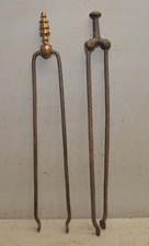 2 antique fireplace tongs 1 brass head ember holder collectible vintage tool lot