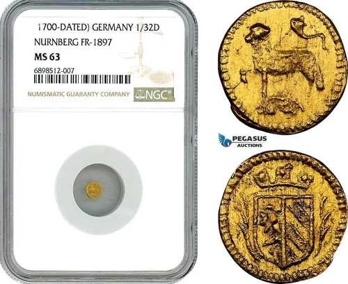 AJ472, Germany, Nürnberg City, "Lamb" 1/32 Ducat 1700, FR-1897, Gold, NGC MS63