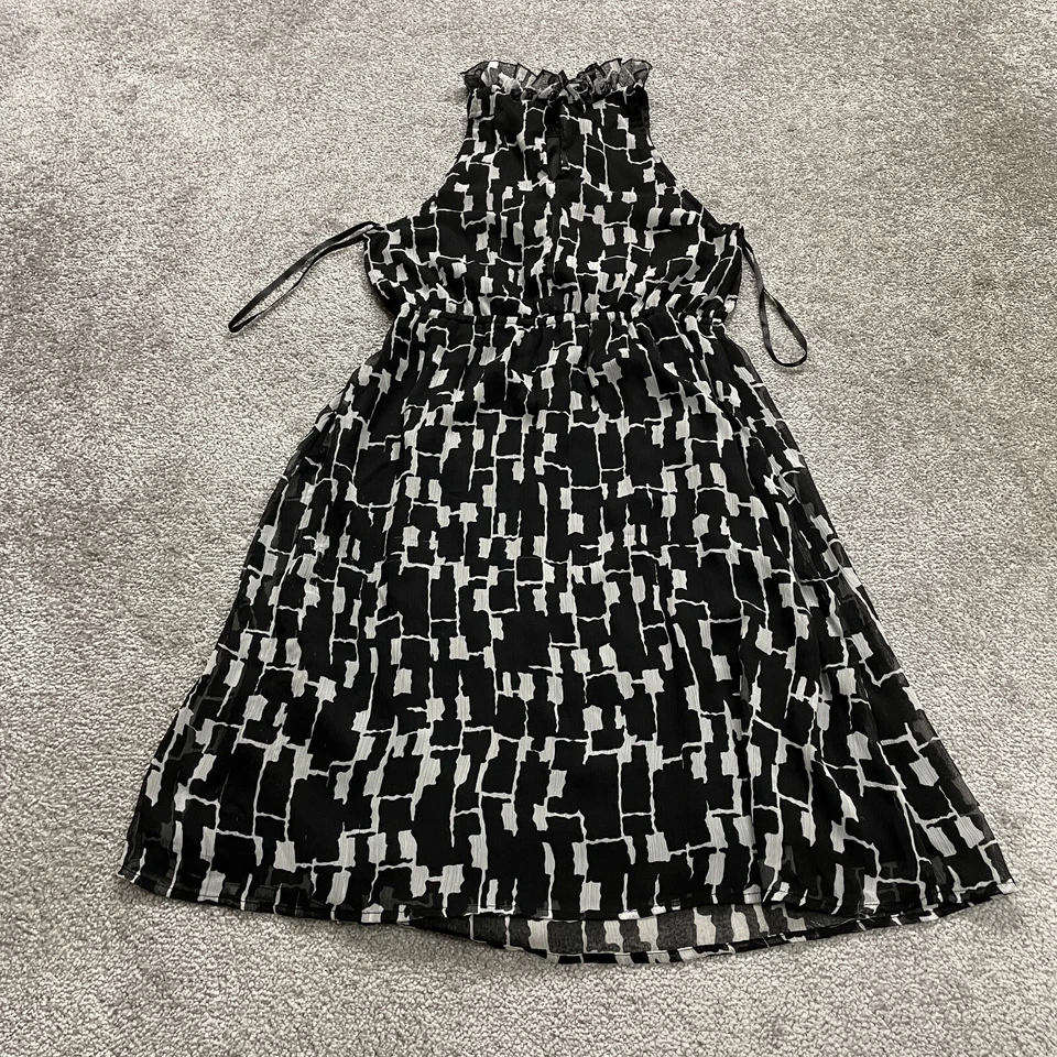 Vestido Merona Midi Halter Mujer Pequeño Negro Blanco Geométrico Gasa Volantes Línea Foto 2 de 4