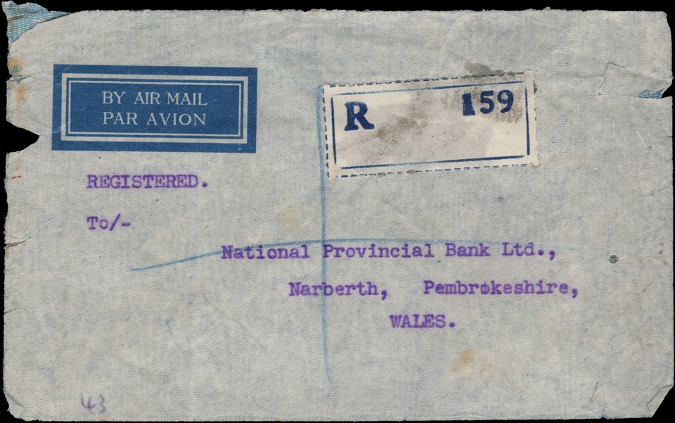 Cubierta de correo aéreo registrado de Bahrein 1934 a Marberth, Gales del Sur Foto 2 de 2