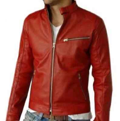 NEW Men's Red Leather Jacket 100% Soft Lambskin Moto Cafe Race Biker Jacket